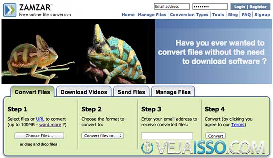 Zamzar tem como mascote o camaleão merecidamente, pois é sem dúvida o melhor conversor de arquivos online, grátis, aceitando quase qualquer formato