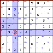 Regras do Sudoku - No exemplo, em azul, mostra onde o numero 5 NÃO pode estar, linha, coluna e quadrado 3x3