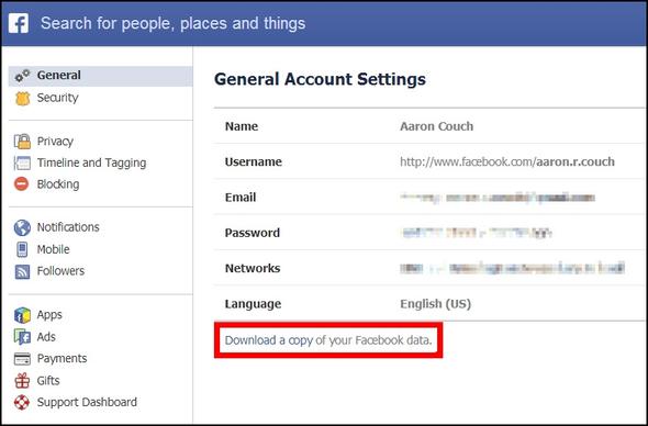 Configurações de conta para baixar as fotos do Facebook