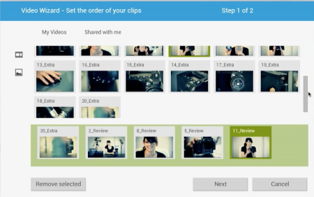 Tela do Video Wizard para escolher os vídeos que vão ser editados, podendo mudar a ordem