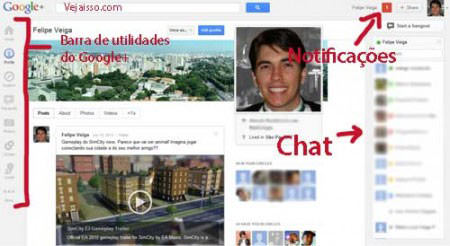 Página principal do Google+ com chat, seu perfil e notificações