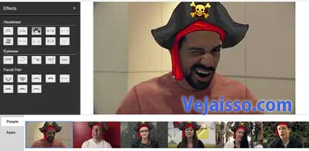 Efeitos de engraçados no video como mascaras, chapéus, bigodes são aplicados com um clique e em tempo real!