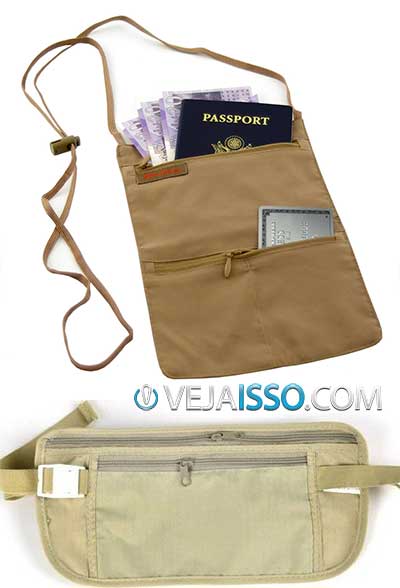 Pochete invisível e carteira de pescoço sao ótimas opções para quem vai viajar e nao quer arriscar ter o passaporte, celular e carteria roubados em um país estranho