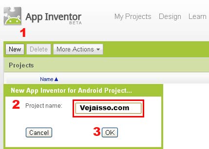 Clique no canto superior esquerdo para criar um novo App e de um nome para ele, no caso Vejaisso.com