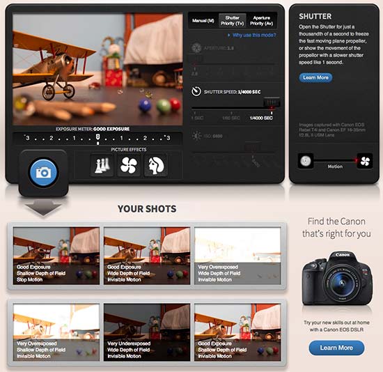 Simulador de câmera fotográfica profissional da Canon permite testar Abertura, Shutter e ISO de uma Canon diretamente do navegador para entender todos os conceitos sobre como tirar fotos