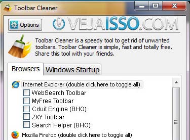 Toolbar Cleaner outra opção simples e leve que adiciona ao limpar também registros do inicializar do Windows