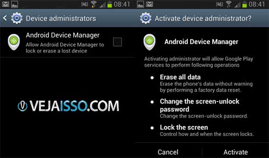 Configurações no celular indicando que o rastreador oficial do Google, o Gerenciador de dispositivo Android está habilitado