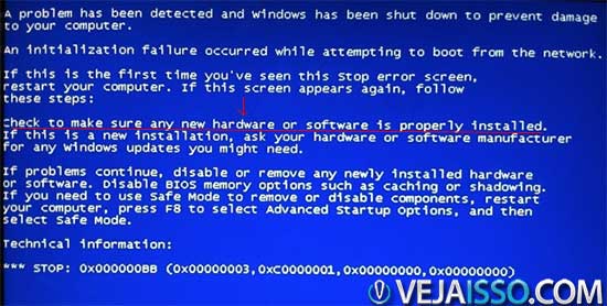 Erro azul da morte do Windows Vista mostrando uma falha fatal impedindo o computador de ligar devido a falha de hardware ou software instalado