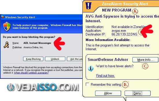 Exemplos de notificações de acessos de firewalls, a esquerda o Firewall do Windows e a direita o famoso ZoneAlarm