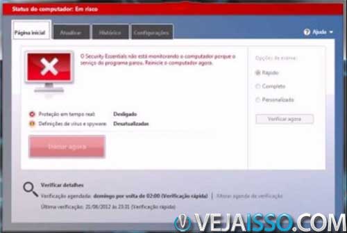 Mensagem de computador em risco do Windows Defender - suspeite de virus quando seu antivirus ficar lento demais ou desativar sozinho sem você ou ter pedido